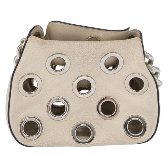 PRADA Grommet Punching Chain Hand Bag Leather Ivory Silver Auth 165205