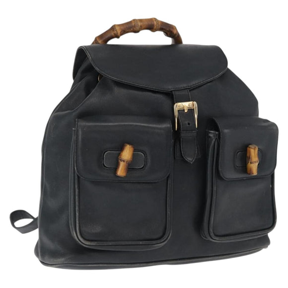 GUCCI Bamboo Backpack Leather Black Gold 003 2058 0016 Auth 165229
