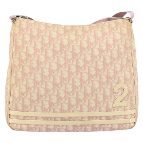 Christian Dior Trotter Canvas Schoudertas PVC Roze Zilver Auth 165231