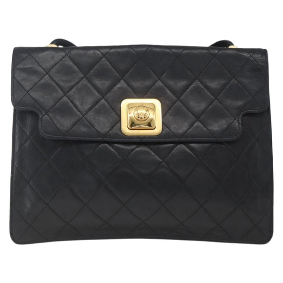 CHANEL Matelasse Shoulder Bag Lamb Skin Black Gold CC Auth 165240