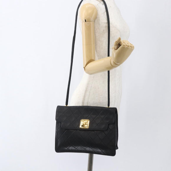 CHANEL Matelasse Shoulder Bag Lamb Skin Black Gold CC Auth 165240