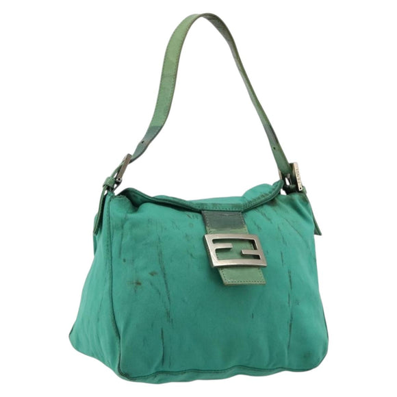 FENDI Mamma Baguette Schoudertas Nylon Turkoois Blauw Zilver Authentiek 165293