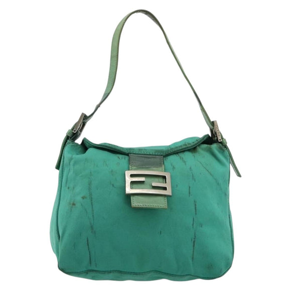 FENDI Mamma Baguette Schoudertas Nylon Turkoois Blauw Zilver Authentiek 165293