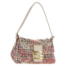 FENDI Zucchino Canvas Mamma Baguette Shoulder Bag Pink Gold Auth 165298SAV-1