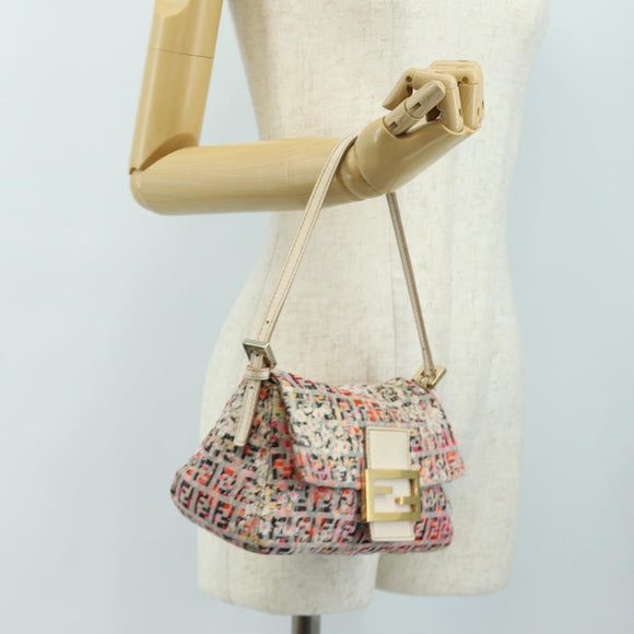 FENDI Zucchino Canvas Mamma Baguette Shoulder Bag Pink Gold Auth 165298SAV