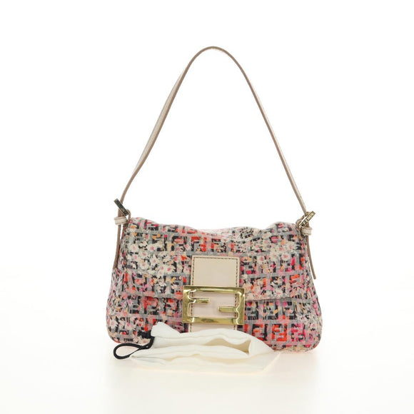 FENDI Zucchino Canvas Mamma Baguette Shoulder Bag Pink Gold Auth 165298SAV