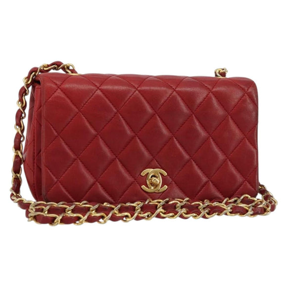CHANEL Matelasse Chain Shoulder Bag Lamb Skin Red Gold CC Auth 165299A