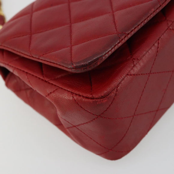CHANEL Matelasse Chain Shoulder Bag Lamb Skin Red Gold CC Auth 165299A