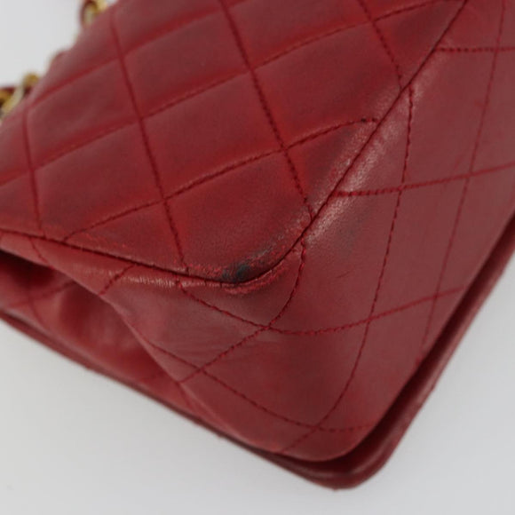 CHANEL Matelasse Chain Shoulder Bag Lamb Skin Red Gold CC Auth 165299A