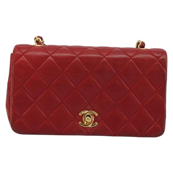 CHANEL Matelasse Chain Shoulder Bag Lamb Skin Red Gold CC Auth 165299A