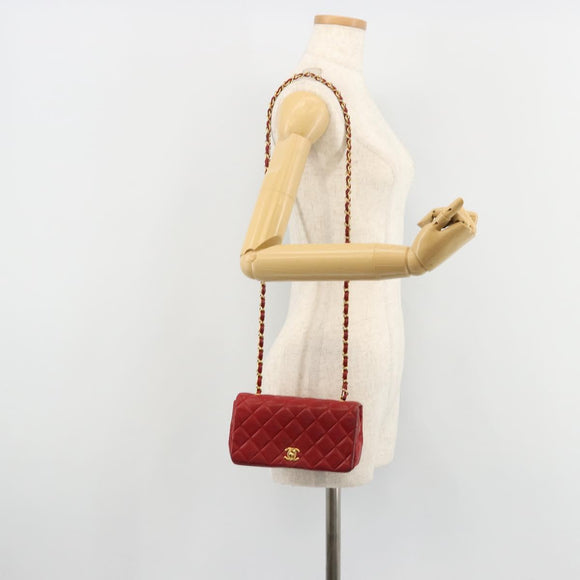 CHANEL Matelasse Chain Shoulder Bag Lamb Skin Red Gold CC Auth 165299A