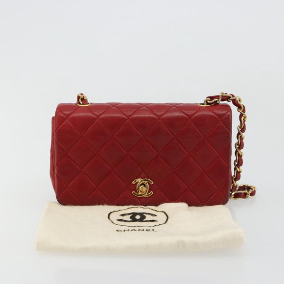 CHANEL Matelasse Chain Shoulder Bag Lamb Skin Red Gold CC Auth 165299A