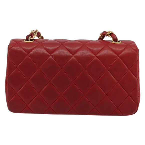 CHANEL Matelasse Chain Shoulder Bag Lamb Skin Red Gold CC Auth 165299A