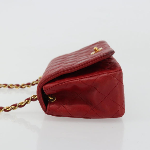 CHANEL Matelasse Chain Shoulder Bag Lamb Skin Red Gold CC Auth 165299A