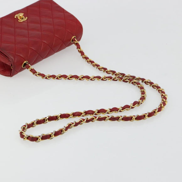 CHANEL Matelasse Chain Shoulder Bag Lamb Skin Red Gold CC Auth 165299A