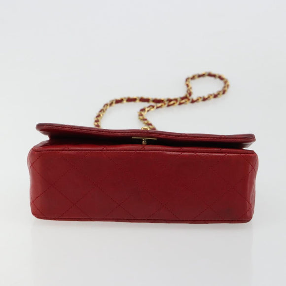 CHANEL Matelasse Chain Shoulder Bag Lamb Skin Red Gold CC Auth 165299A