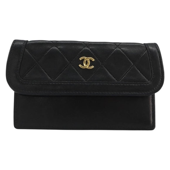 CHANEL Matelasse Pouch Lamb Skin Black Gold CC Auth 165304A