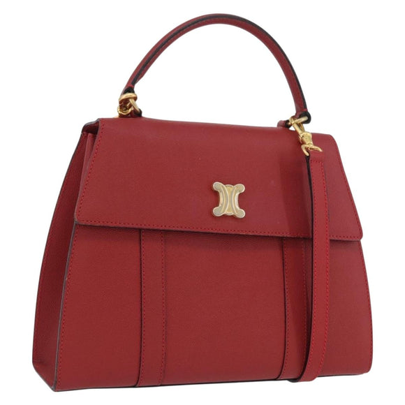 CELINE Hand Bag Leather 2way Red Gold Auth 165350