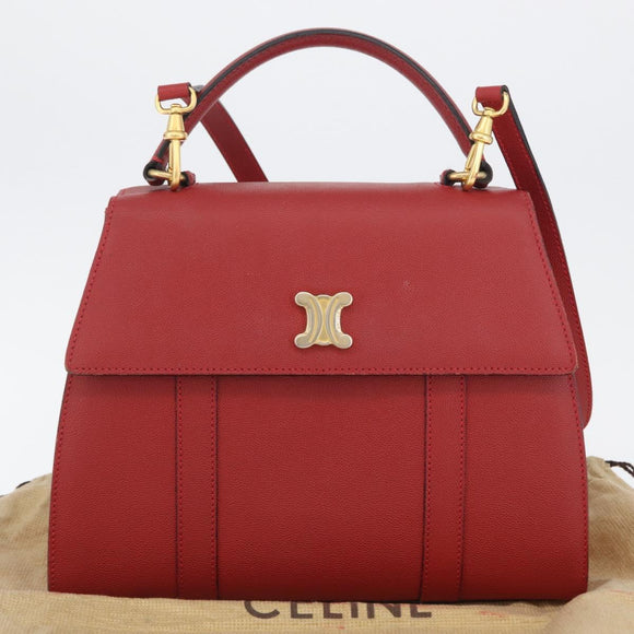 CELINE Hand Bag Leather 2way Red Gold Auth 165350