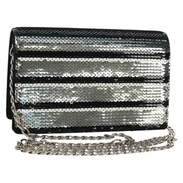 PRADA Chain Sequin Shoulder Bag Leather Black Silver Auth 165358
