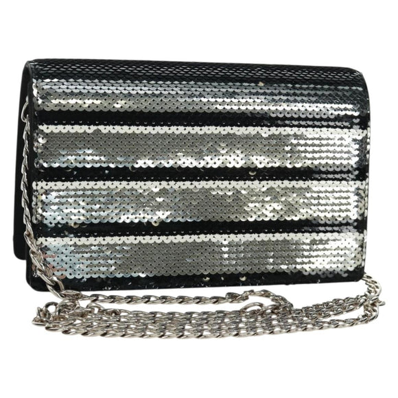 PRADA Chain Sequin Shoulder Bag Leather Black Silver Auth 165358