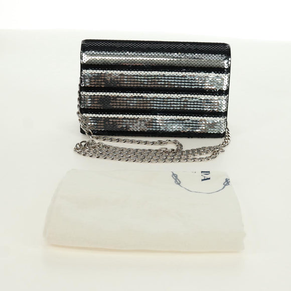 PRADA Chain Sequin Shoulder Bag Leather Black Silver Auth 165358