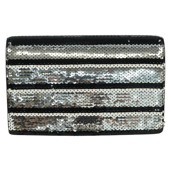 PRADA Chain Sequin Shoulder Bag Leather Black Silver Auth 165358