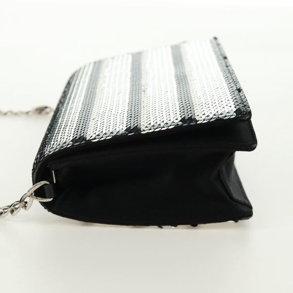 PRADA Chain Sequin Shoulder Bag Leather Black Silver Auth 165358
