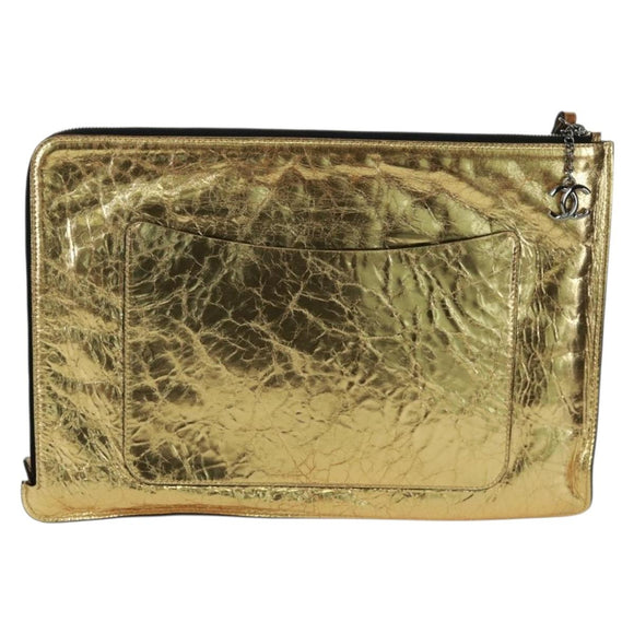 CHANEL Clutch Bag Leather Gold CC Auth 165360M