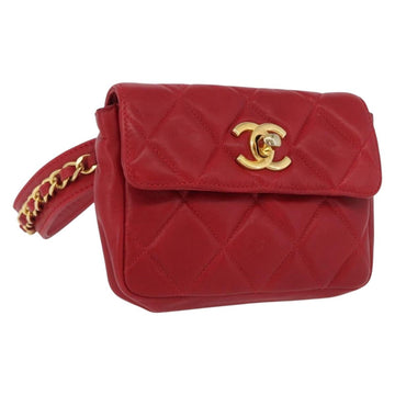 CHANEL Matelasse Waist bag Lamb Skin Red Gold CC Auth 165374V