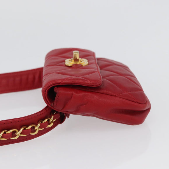 CHANEL Matelasse Waist bag Lamb Skin Red Gold CC Auth 165374V