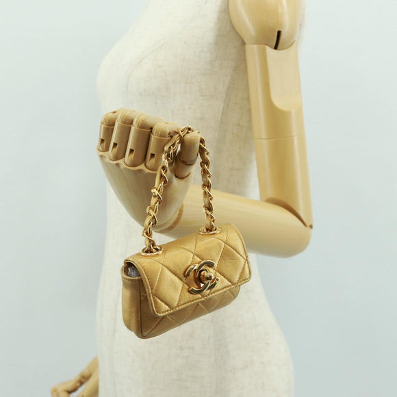 CHANEL Mini Matelasse 10 Chain Handle Pouch Lamb Skin Gold CC Auth 165375V