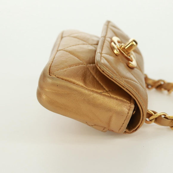 CHANEL Mini Matelasse 10 Chain Handle Pouch Lamb Skin Gold CC Auth 165375V