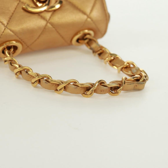 CHANEL Mini Matelasse 10 Chain Handle Pouch Lamb Skin Gold CC Auth 165375V