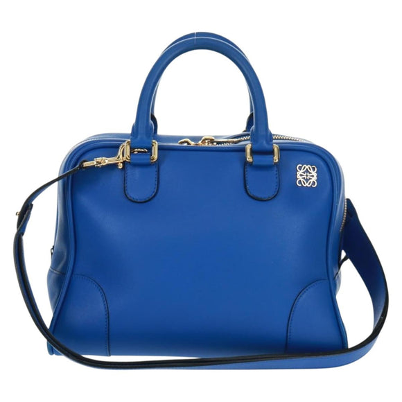 LOEWE Anagram Amazona 75 Hand Bag Leather 2way Blue Gold Auth 165412V