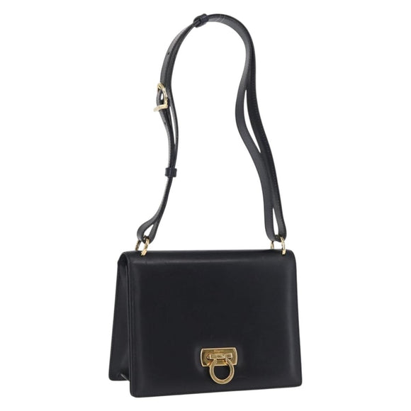 Salvatore Ferragamo Gancini Shoulder Bag Leather Navy Gold Auth 165428