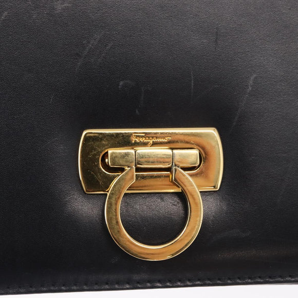 Salvatore Ferragamo Gancini Shoulder Bag Leather Navy Gold Auth 165428