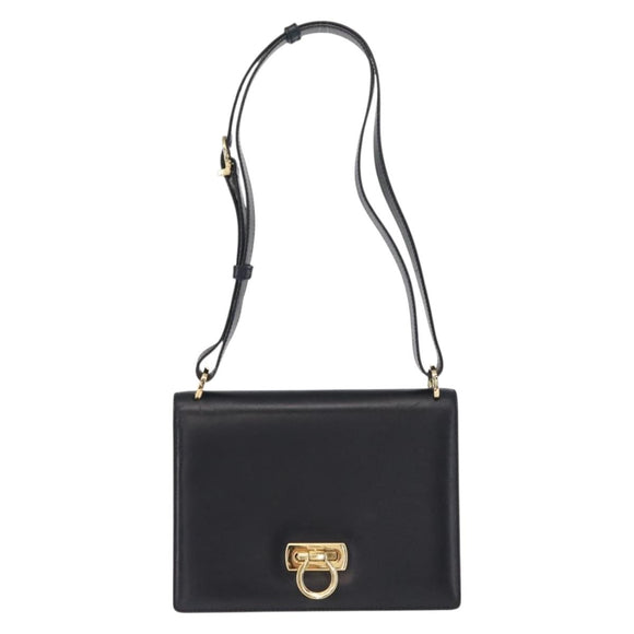 Salvatore Ferragamo Gancini Shoulder Bag Leather Navy Gold Auth 165428