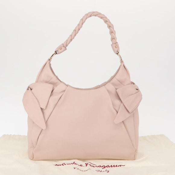 Salvatore Ferragamo Vala Ribbon Schoudertas Leer Roze Goud Auth 165457
