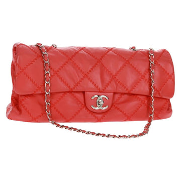 CHANEL Ultra Stitch Chain Shoulder Bag Lamb Skin Red Silver CC Auth 165469M