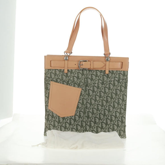 Christian Dior Trotter Canvas Tote Bag Green Silver Auth 165477V