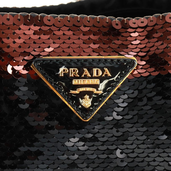 PRADA Sequin Tote Bag Nylon Gold Black Auth 165478V