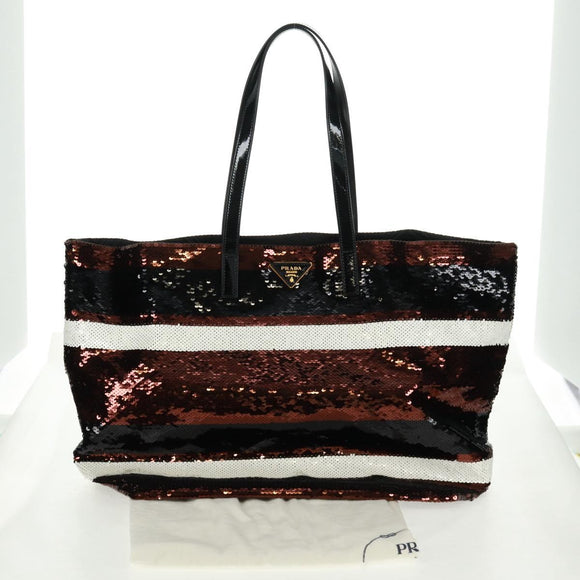 PRADA Sequin Tote Bag Nylon Gold Black Auth 165478V