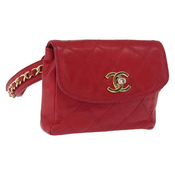 CHANEL Bicolore Waist bag Lamb Skin Red Gold CC Auth 165492