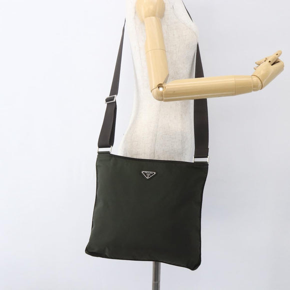 PRADA Shoulder Bag Nylon Khaki Silver Auth 165495