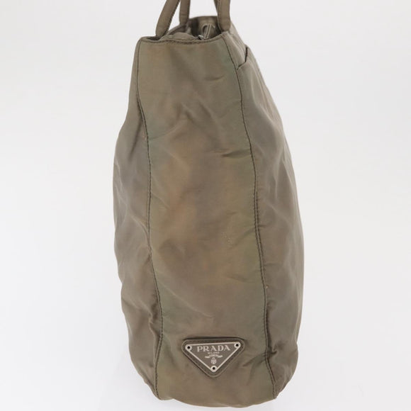 PRADA Tote Bag Nylon Beige Silver Auth 165496