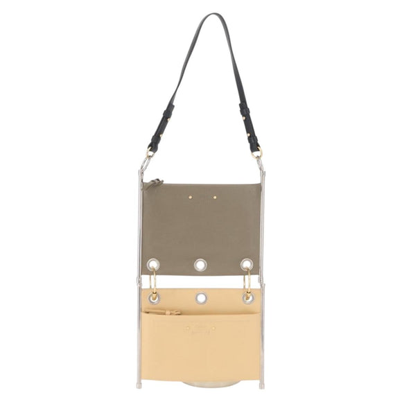 Chloe Roy Double Clutch Shoulder Bag Leather Gray Silver Auth 165505