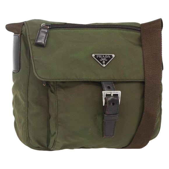 PRADA Shoulder Bag Nylon Khaki Silver Auth 165507