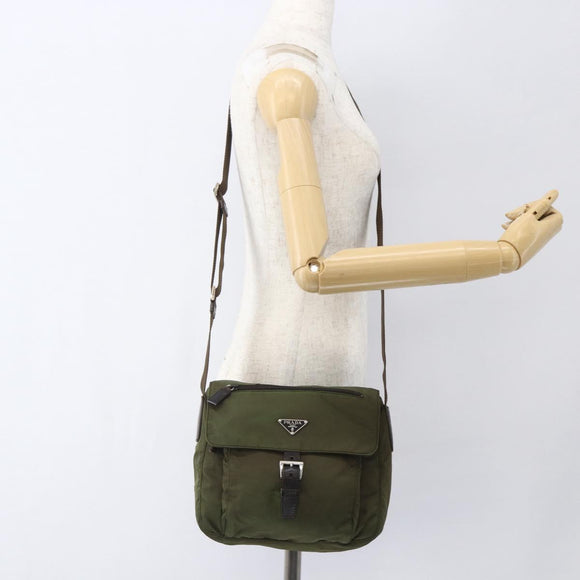 PRADA Shoulder Bag Nylon Khaki Silver Auth 165507
