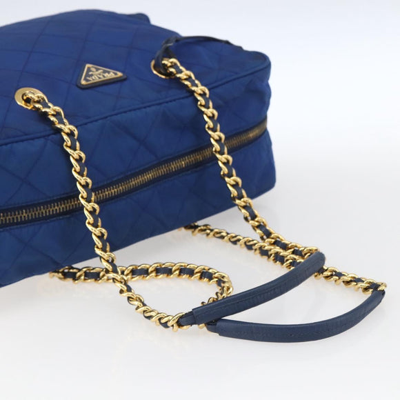 PRADA Chain Shoulder Bag Nylon Blue Gold Auth 165511